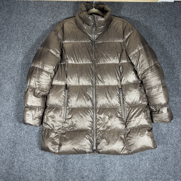 Lands End Down Puffer Jacket Champagne Metallic Full Zip Hood Womens L - Picture 1 of 12